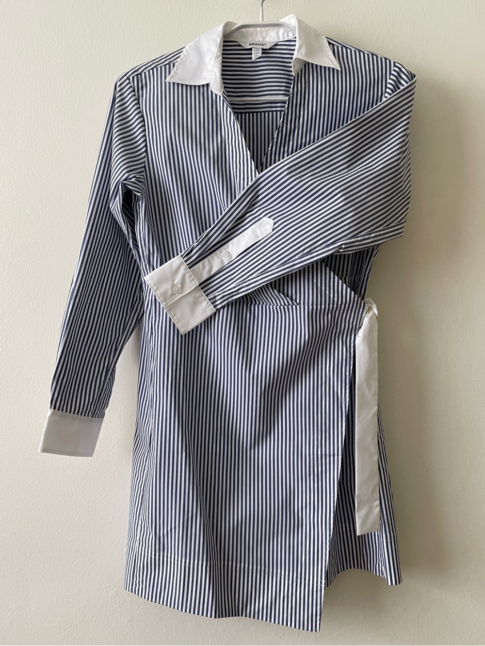 NEW SPANX Blue White Striped Wrap Shirt Dress Long Sleeve Stretch Cotton, Size S